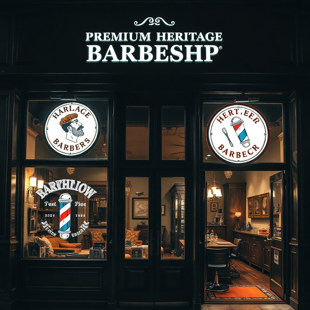 exterior and interior of a premium heritage barbershop, dark wood, classic signage, atmospheric ligh