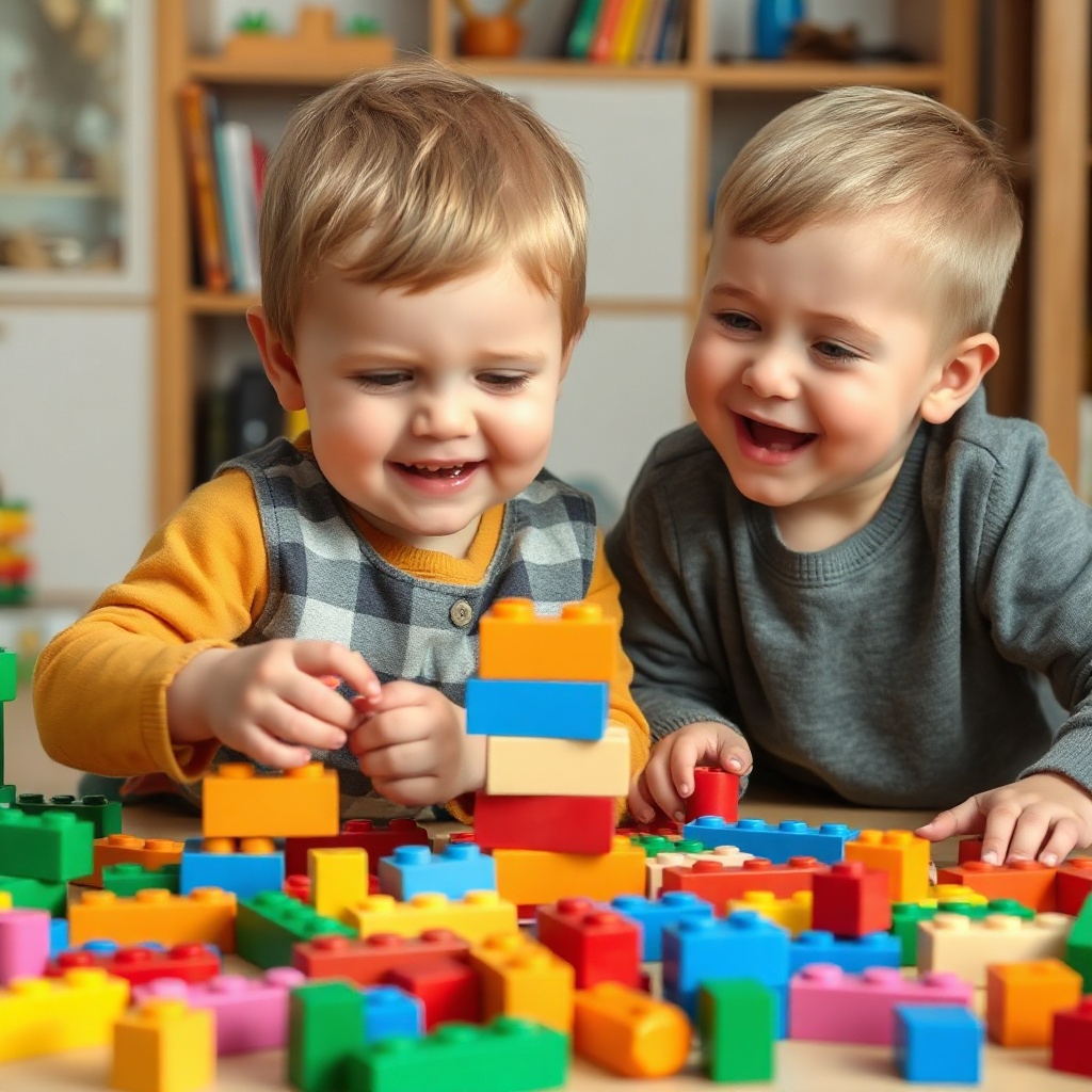 kids playing with building blocks, educational toys, happy faces