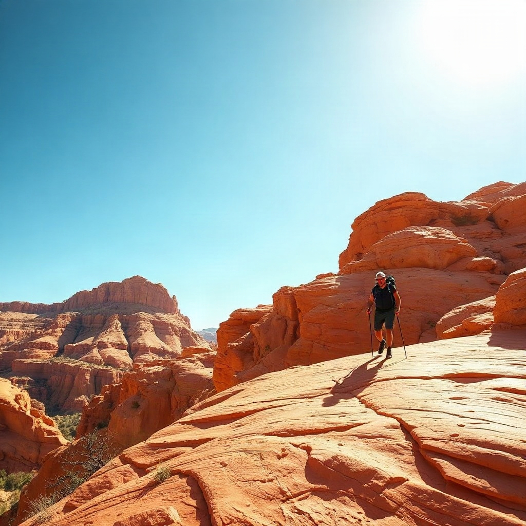 hiker walking on a bright orange sandstone ridge, clear blue sky, 3d route preview visual