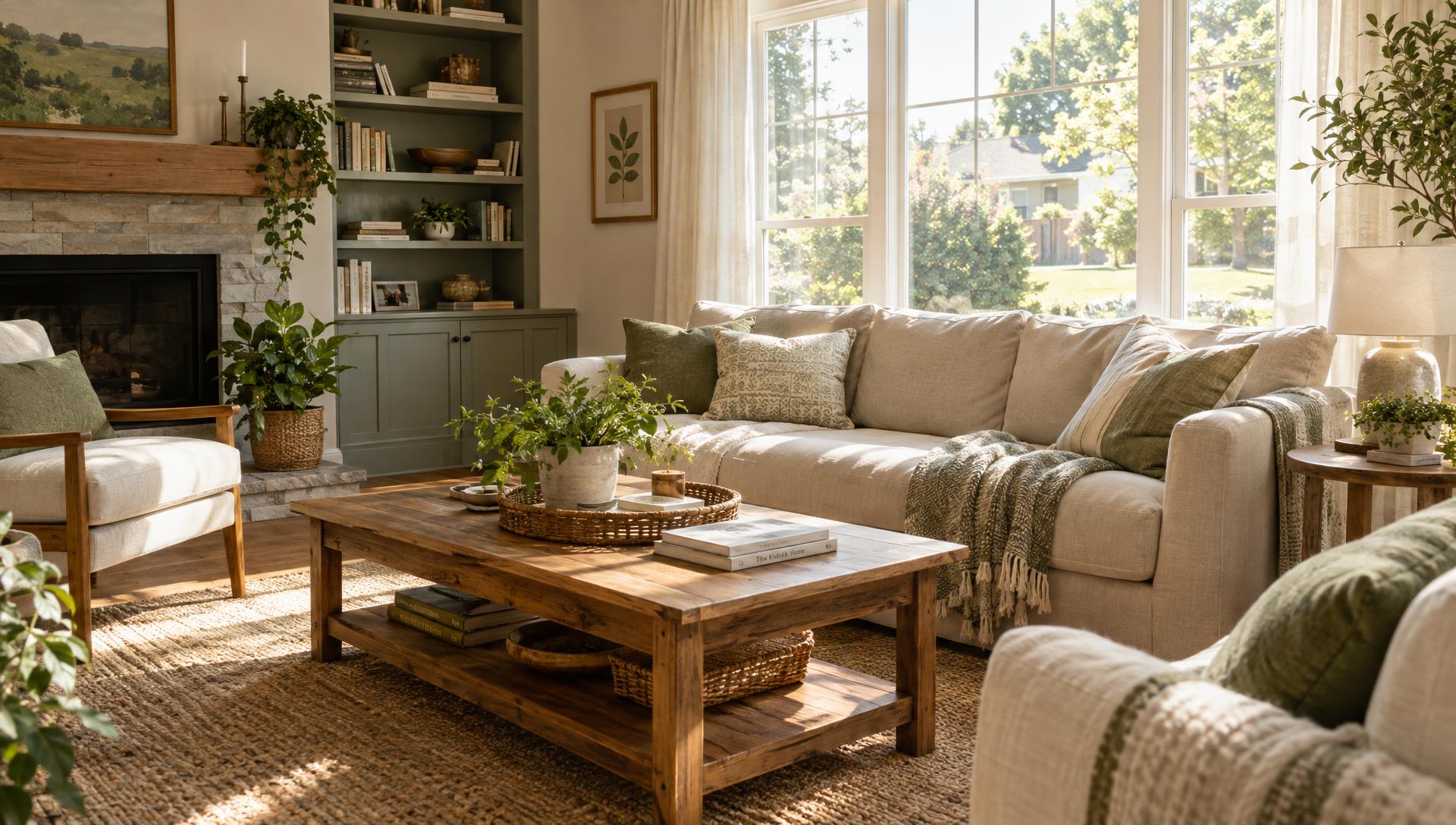 A warm residential living room with comfortable seating, natural textures, wood furniture and houseplants