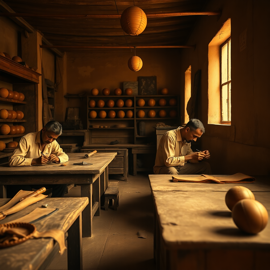 vintage cricket ball workshop interior in Meerut India 1950s
