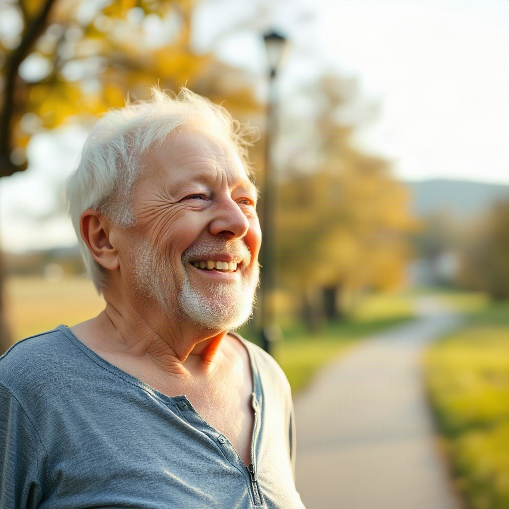 active older adult smiling outdoors on a morning walk, lifestyle photography, warm natural light