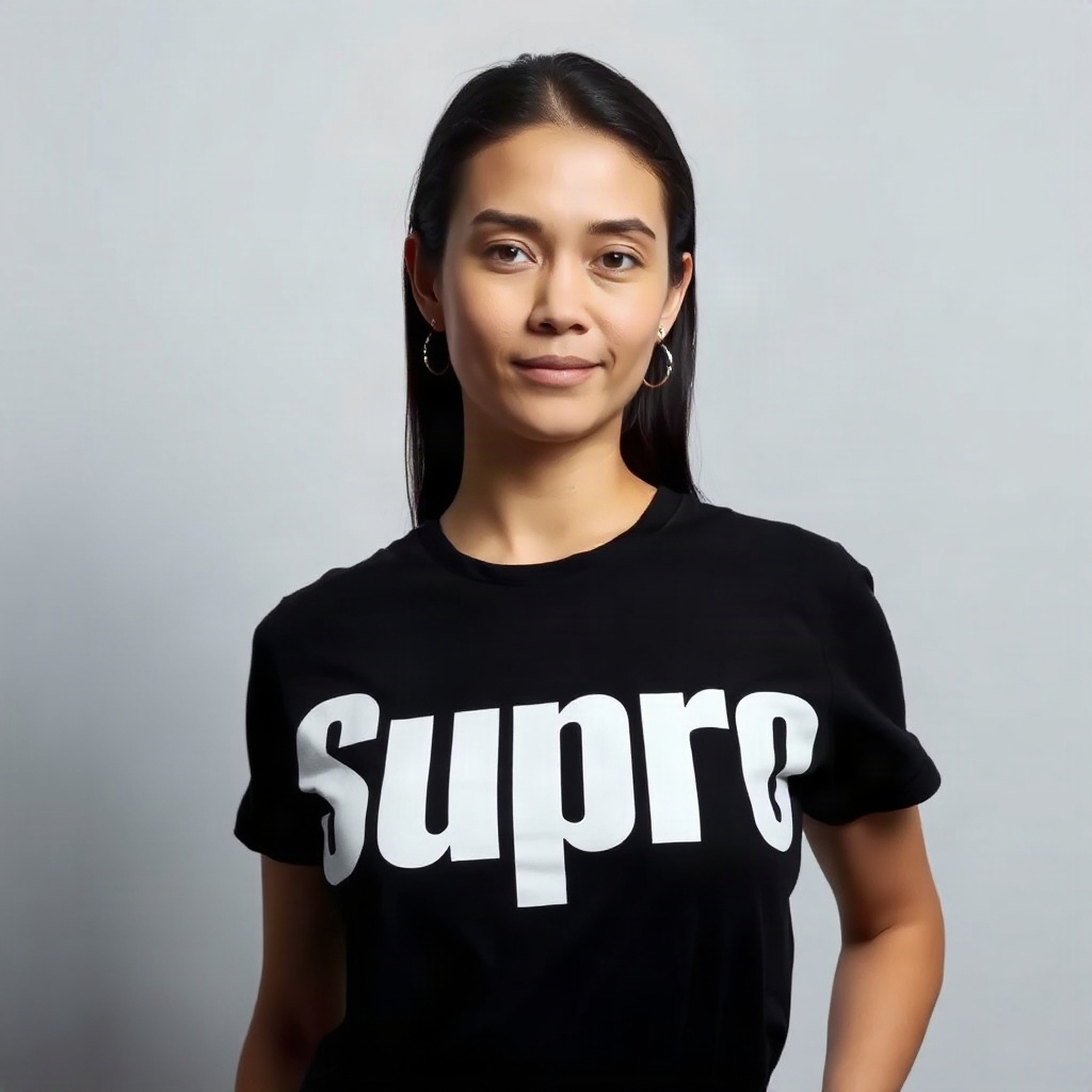 portrait of a woman in a black t-shirt with bold Supro text, minimalist studio setting