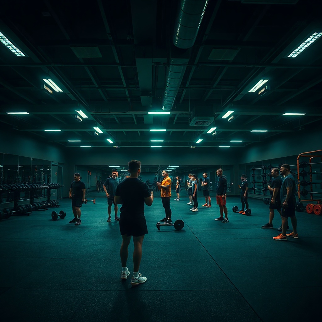 gym floor full of athletes training, wide angle shot, dark dramatic lighting, neon green ambient lig