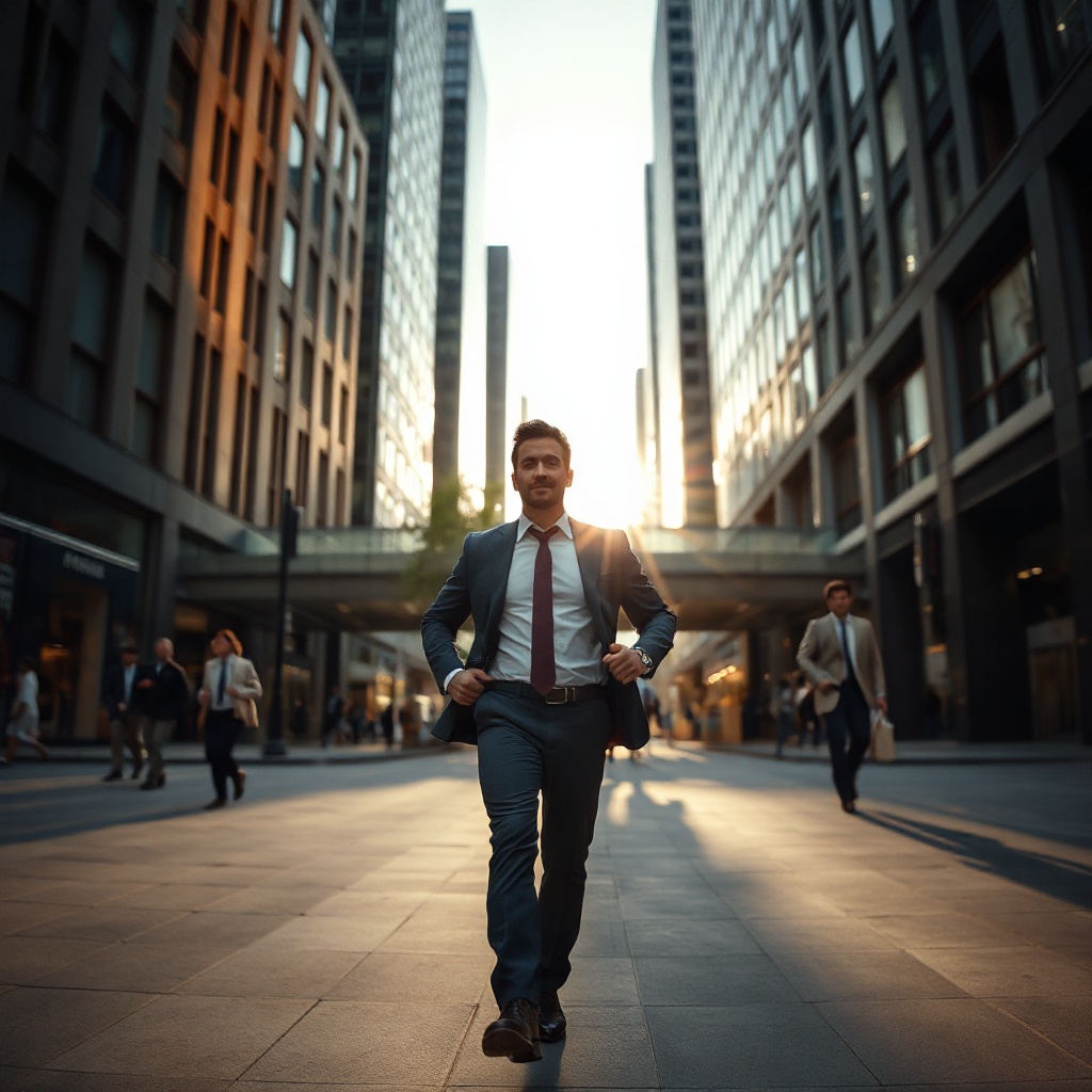 Cinematic low-angle shot of a successful man walking through a modern city, morning light, powerful 