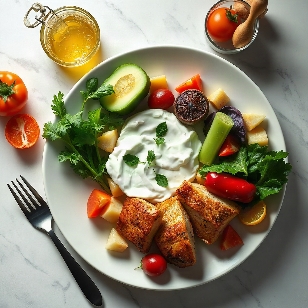 overhead shot of a vibrant colorful healthy chef-plated meal with fresh vegetables and lean protein,
