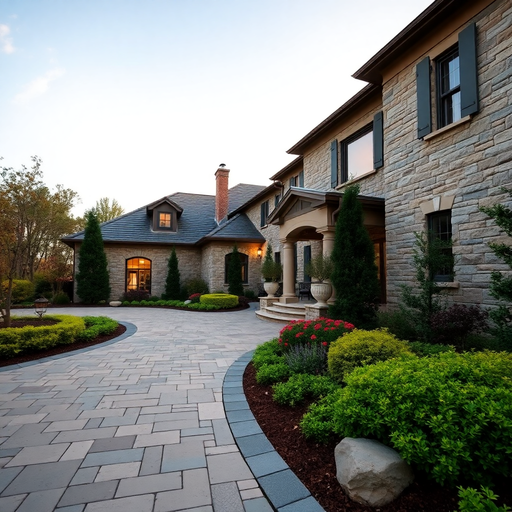 luxury estate professional landscaping stone masonry hardscape driveway design, formal garden, elega