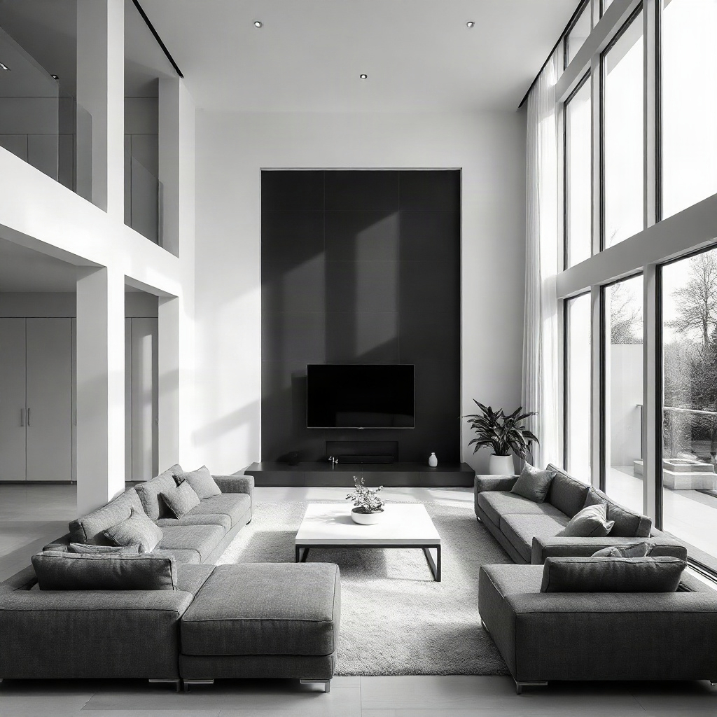 ultra-modern minimal living room with floor to ceiling windows, gray sofas, clean architectural line