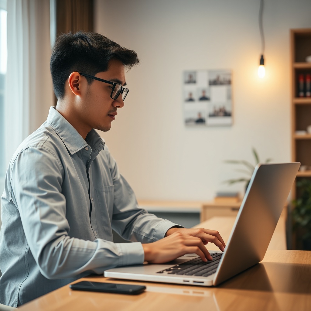 young entrepreneur filling online company registration form on laptop, clean bright workspace, Malay