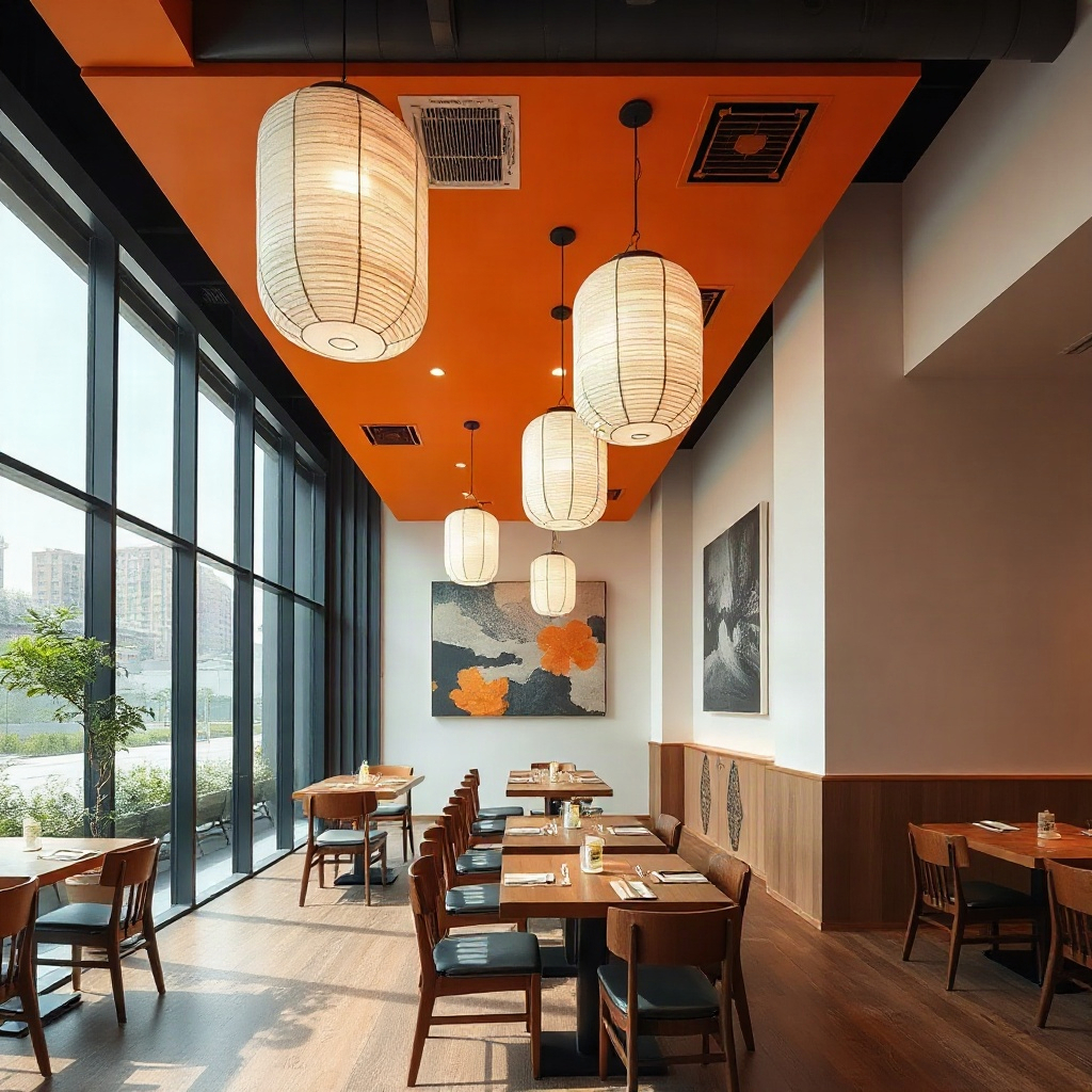 modern minimalist japanese restaurant interior with orange ceiling accents and paper lanterns, sleek