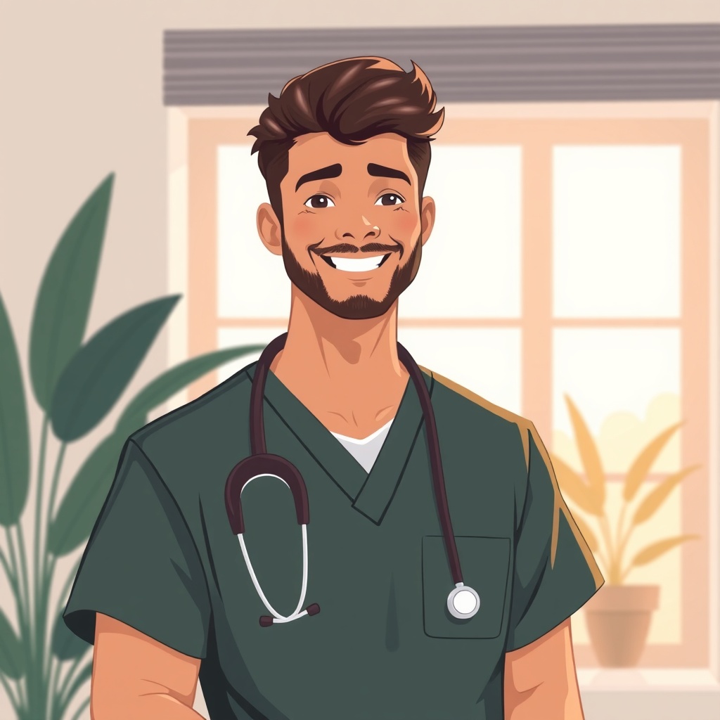 male doctor in dark green scrubs with stethoscope smiling, indoor plants and bright window backgroun