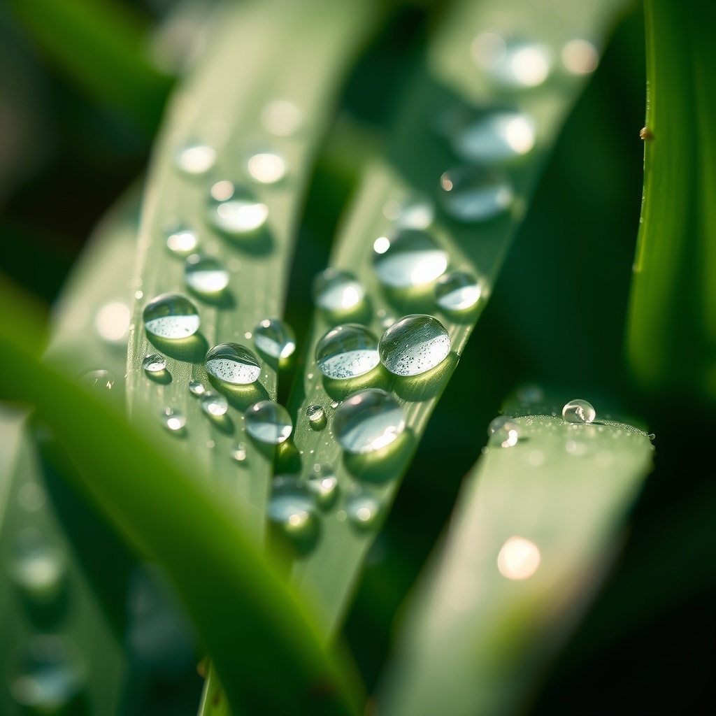 Close up artistic shot of green leaves with crystal clear water droplets, soft morning dew light, hi