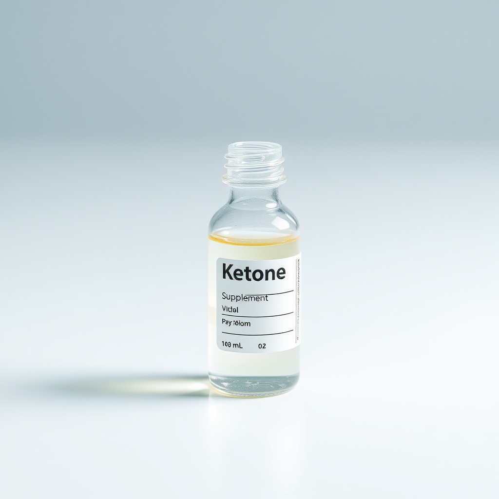 scientific laboratory vial of clear ketone supplement liquid on clean white surface, clinical produc