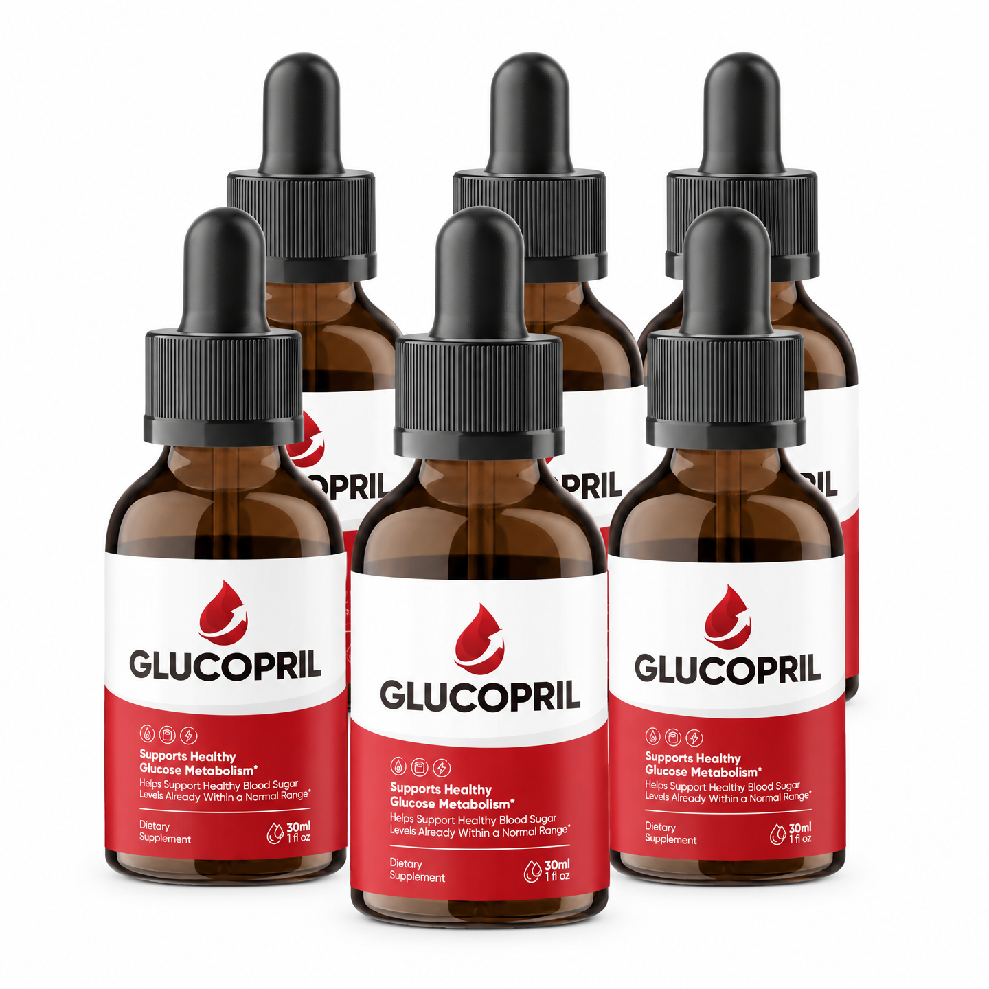 Six GlucoPril 30 ml dropper bottles grouped together, a 180-day supply