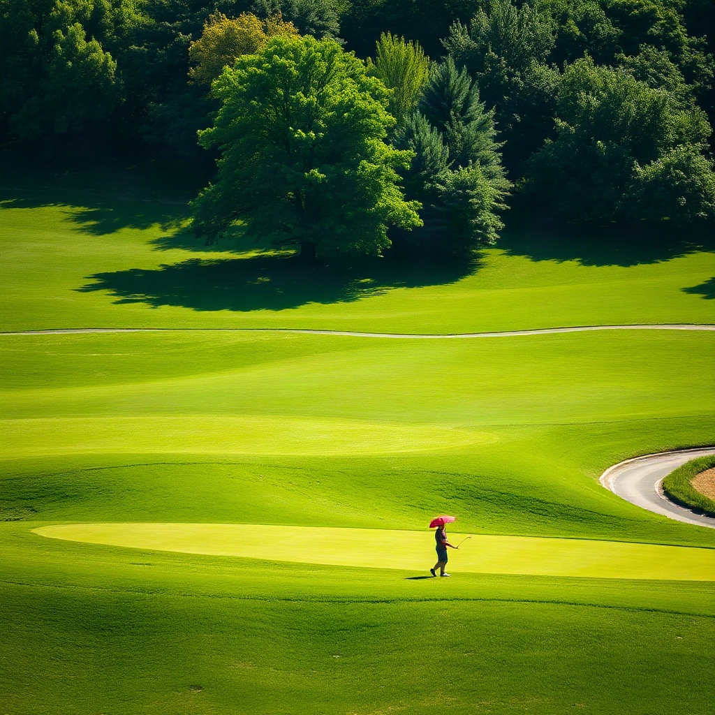 a serene green landscape with a lone golfer under a red umbrella