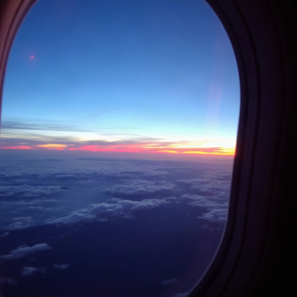view from a high altitude window of sunset colors over the horizon