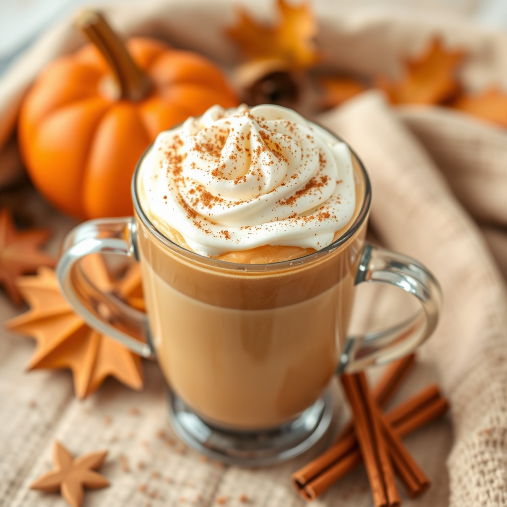 seasonal autumn pumpkin spice latte with cinnamon and whipped cream, fall coffee drink