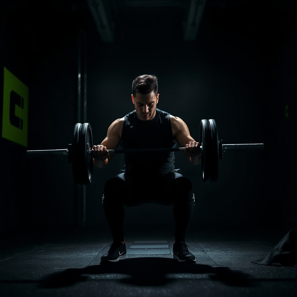 athlete performing heavy barbell squat in dark gym, dramatic lighting, strength training, black and 