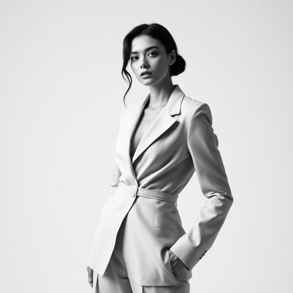 elegant minimalist blazer white women, editorial fashion studio photo, monochrome high fashion look