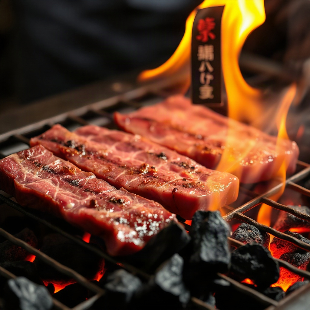 delicious premium wagyu beef slices being grilled over charcoal, dramatic fire and smoke