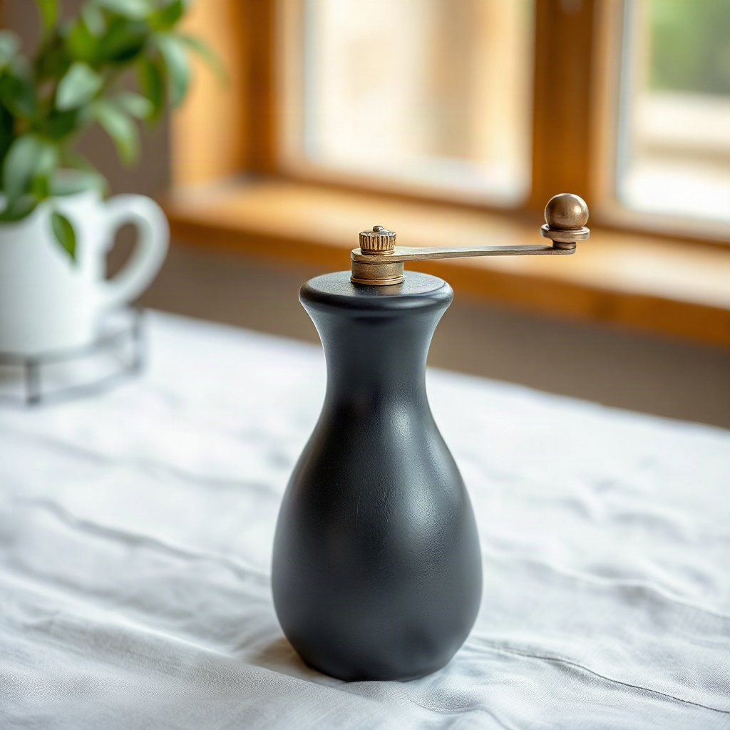 ceramic pepper mill in matte black on a clean linen tablecloth, high end kitchenware