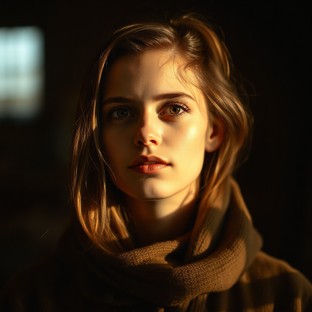 serene warm-toned editorial portrait of a calm person in soft natural light, contemplative mood, mut