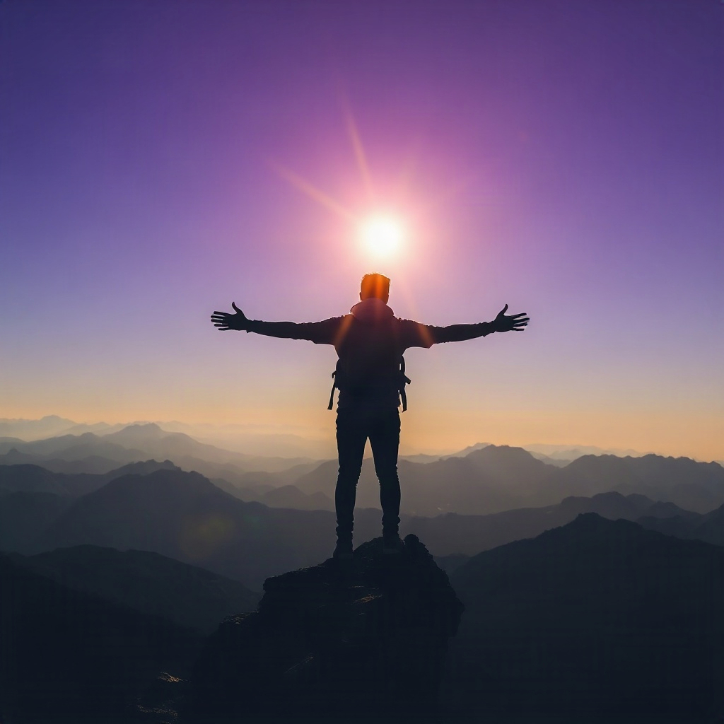 backpacker standing with arms wide open on top of a sharp rocky mountain peak at sunset, silhouette