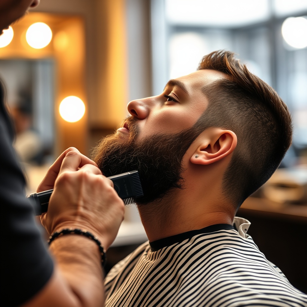 barber grooming a beard with precision, warm lighting
