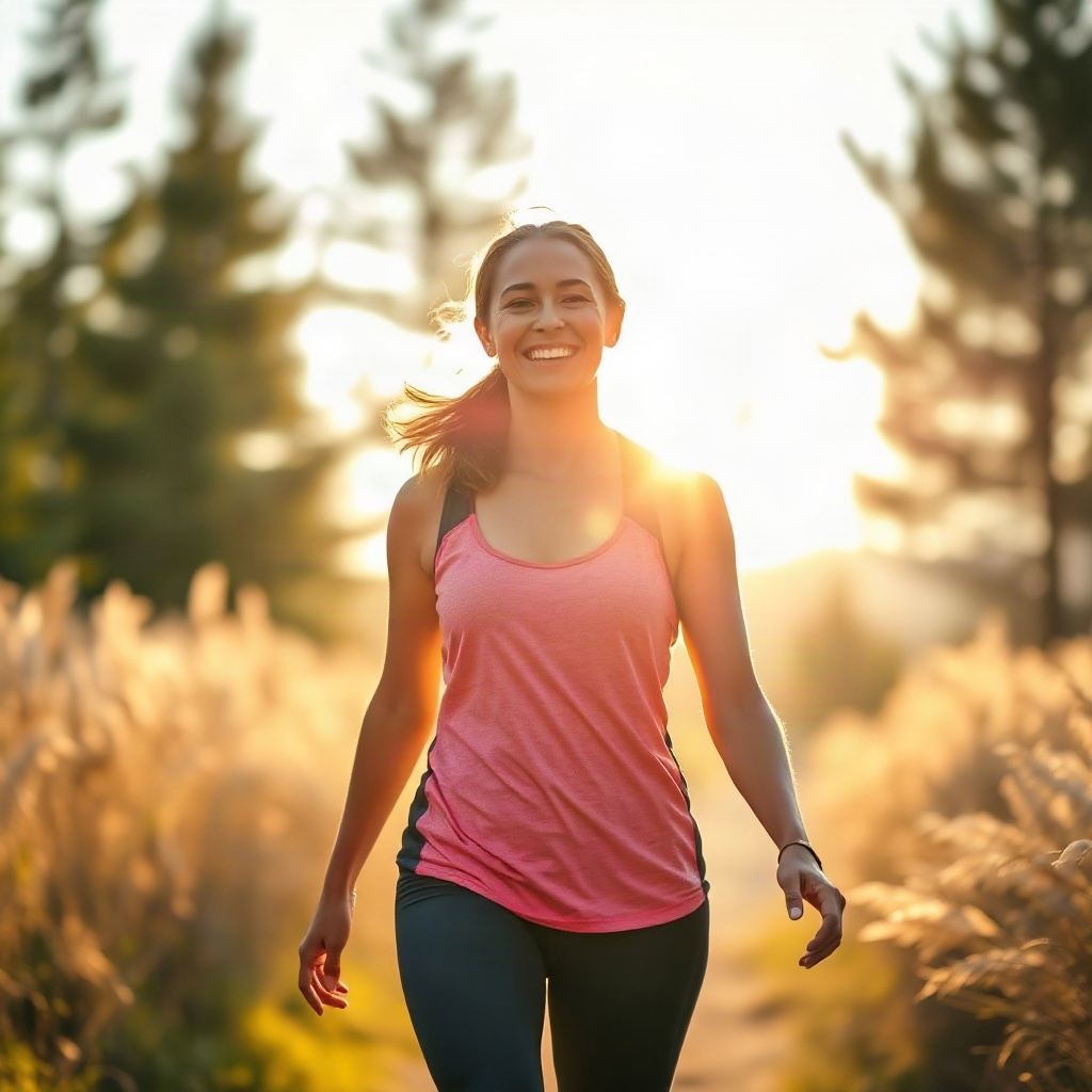 energetic woman walking outdoors in nature with a bright smile, wearing athletic casual wear, golden