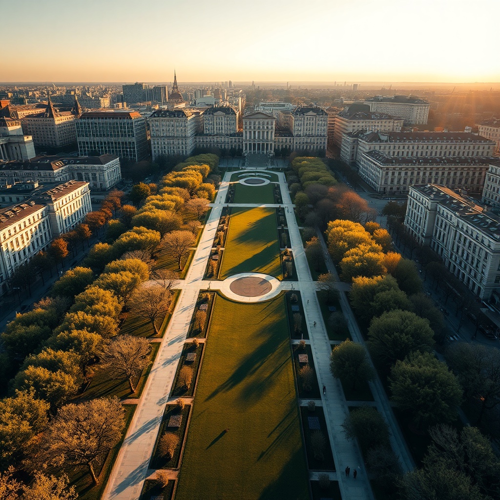 Aerial view of a highly manicured urban park in a modern European city during golden hour, long shad