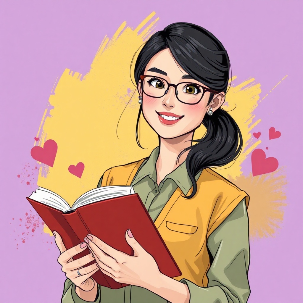 professional female primary school teacher, friendly, holding a book, purple artistic background