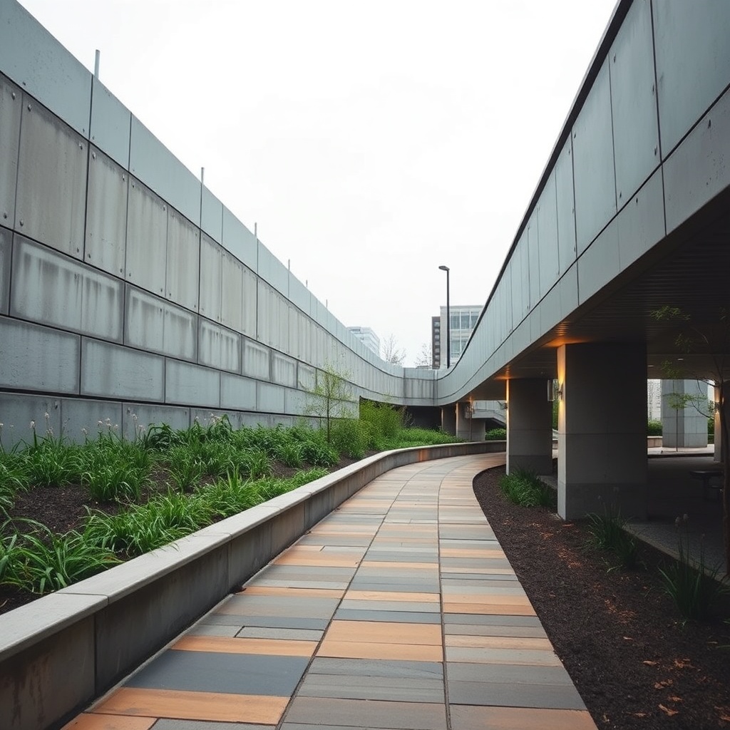 Close up architectural detail of modern park infrastructure, concrete retaining walls, integrated li