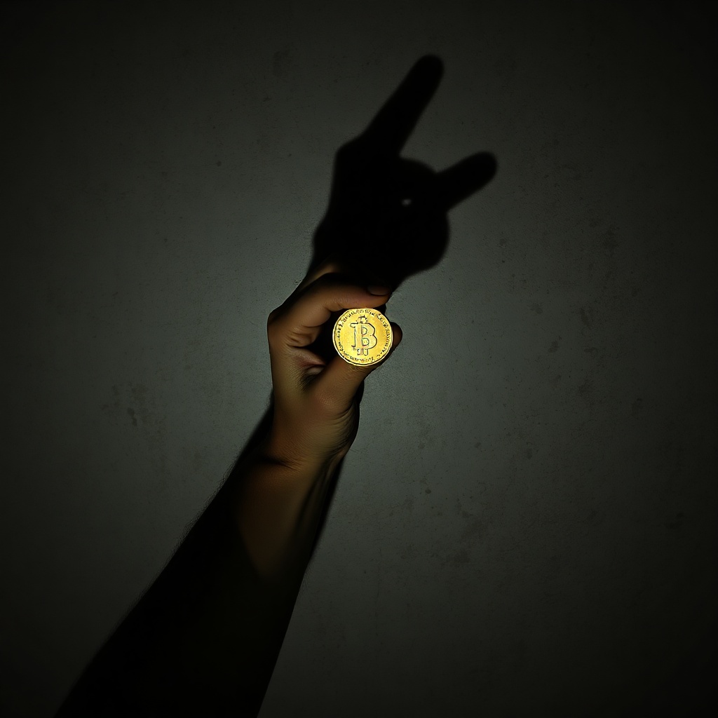 dark moody photo of a hand holding a coin against a textured concrete wall