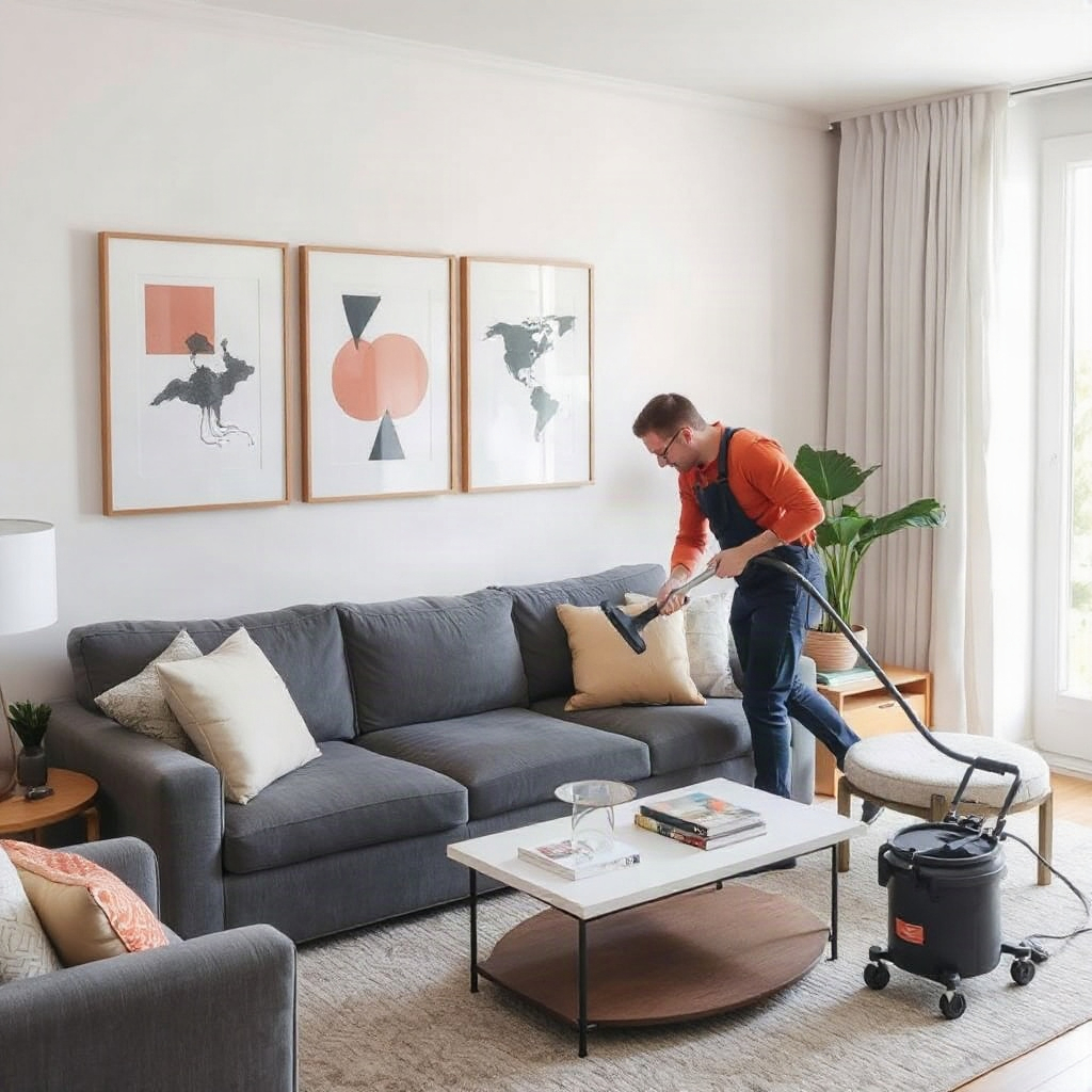 living room cleaning service, professional at work