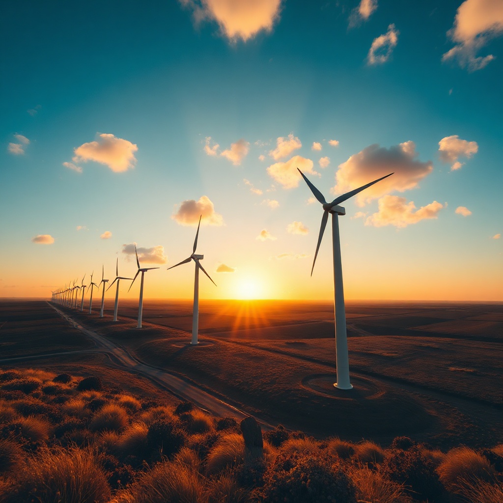 modern energy infrastructure with wind farm and power transmission lines at sunset