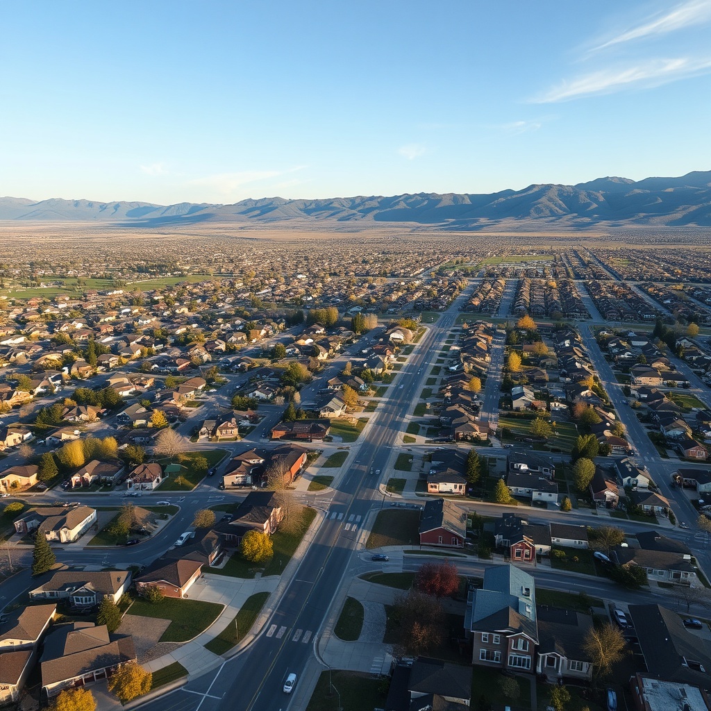 Google Maps style aerial satellite view suburban Utah neighborhood Clearfield with streets and build