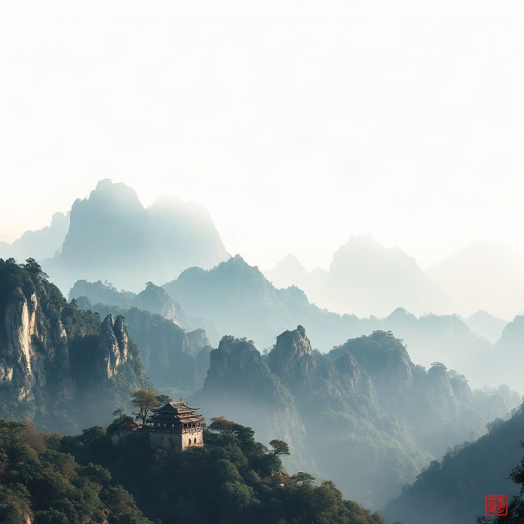 scenic view of Huangshan mountains in China, misty peaks, traditional ink painting style landscape