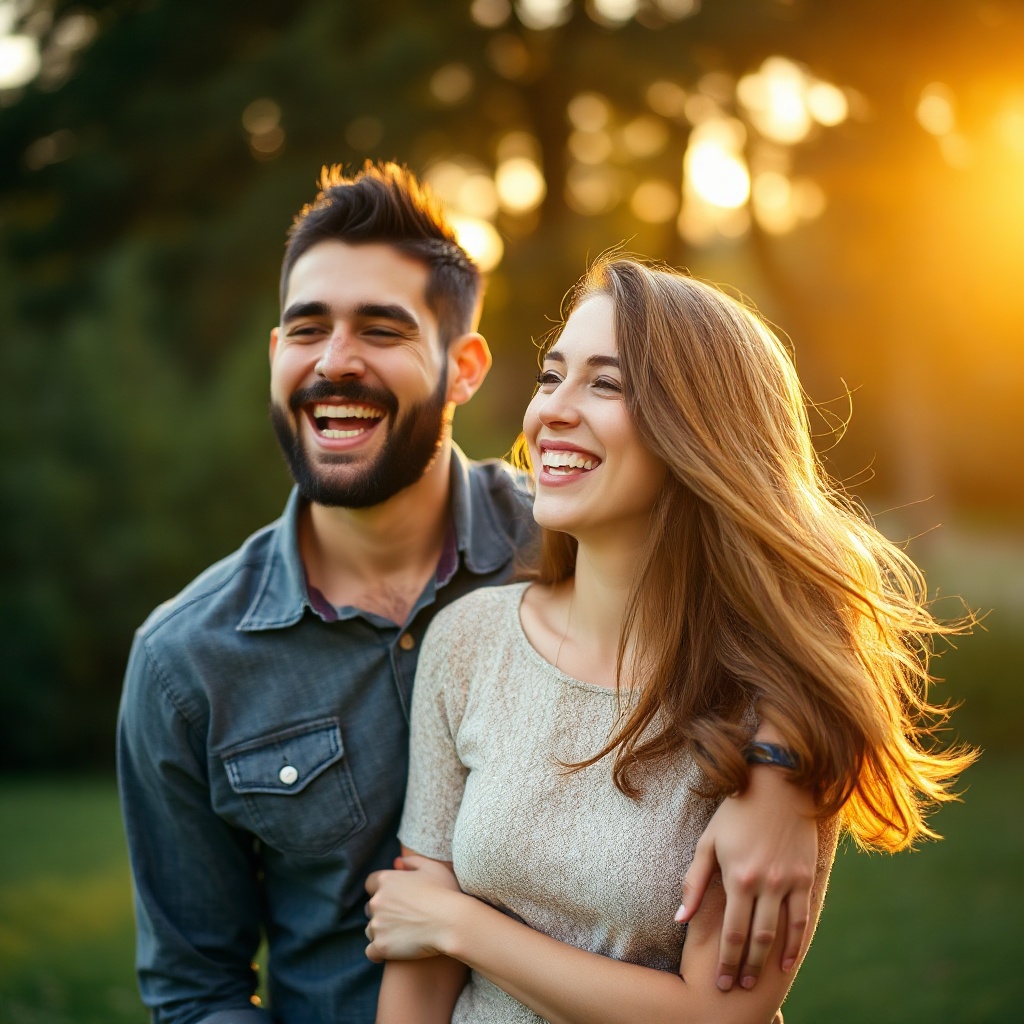 active couple laughing together outdoors, warm lifestyle photography, golden hour