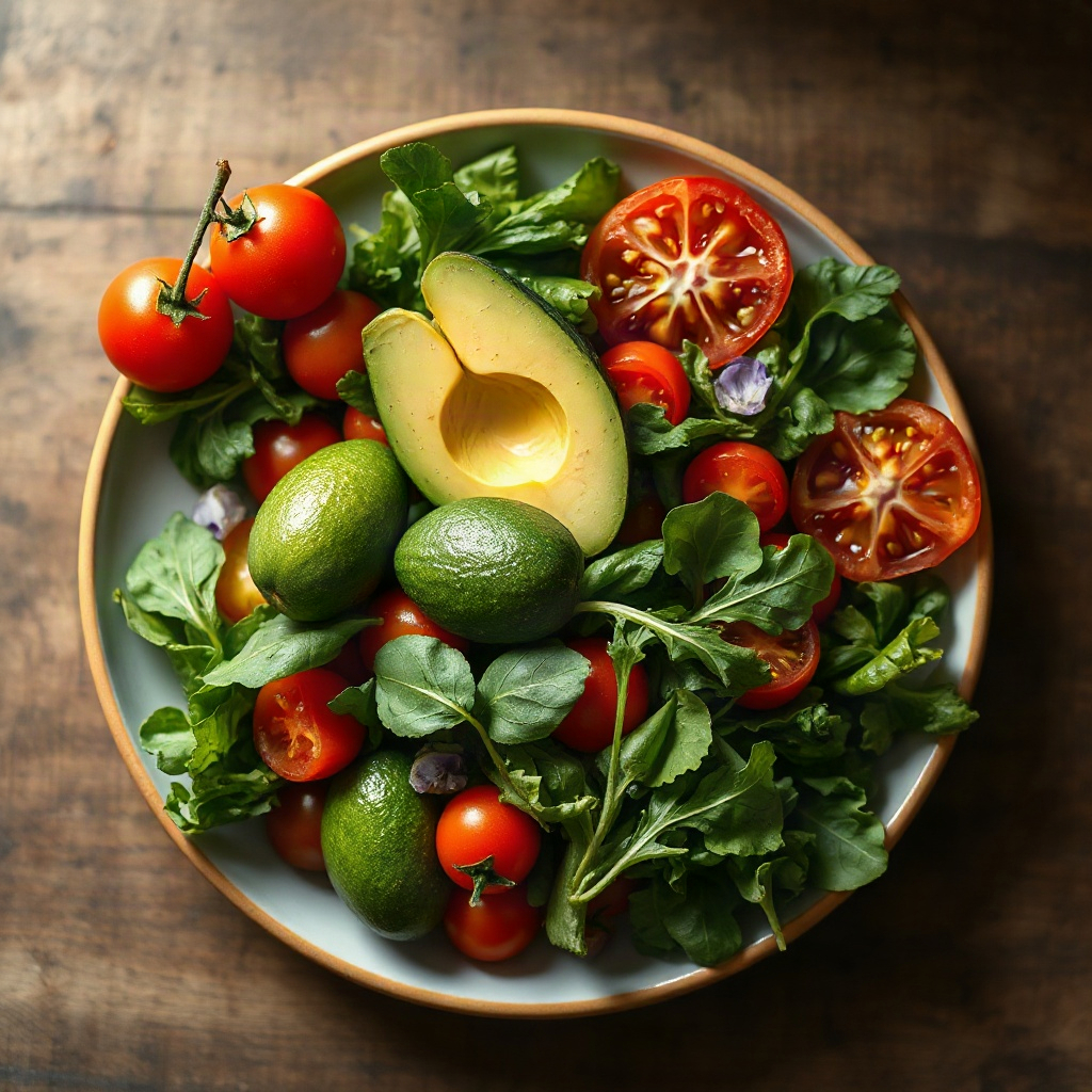 cinematic overhead shot of a vibrant gourmet healthy salad bowl with fresh greens, heirloom tomatoes