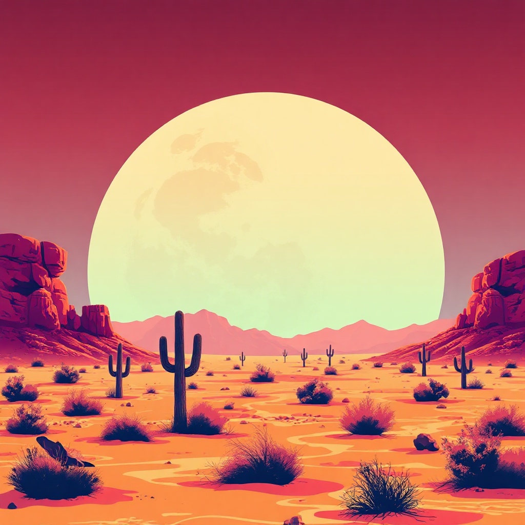 graphic illustration of a desert landscape with a giant moon, retro wave aesthetic, pink and orange