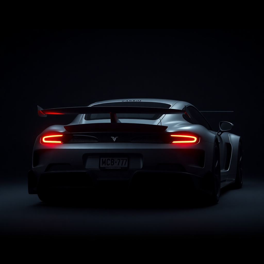 dark studio shot of a matte gray hypercar aggressive wide body rear wing, premium automotive photogr