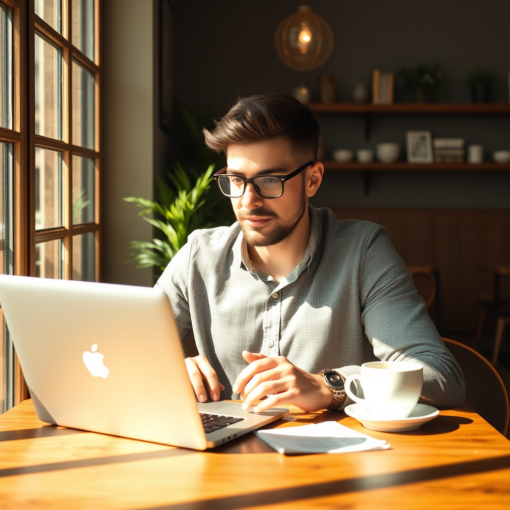 small business owner with coffee and laptop in warm sunny cafe reviewing finances, soft editorial st