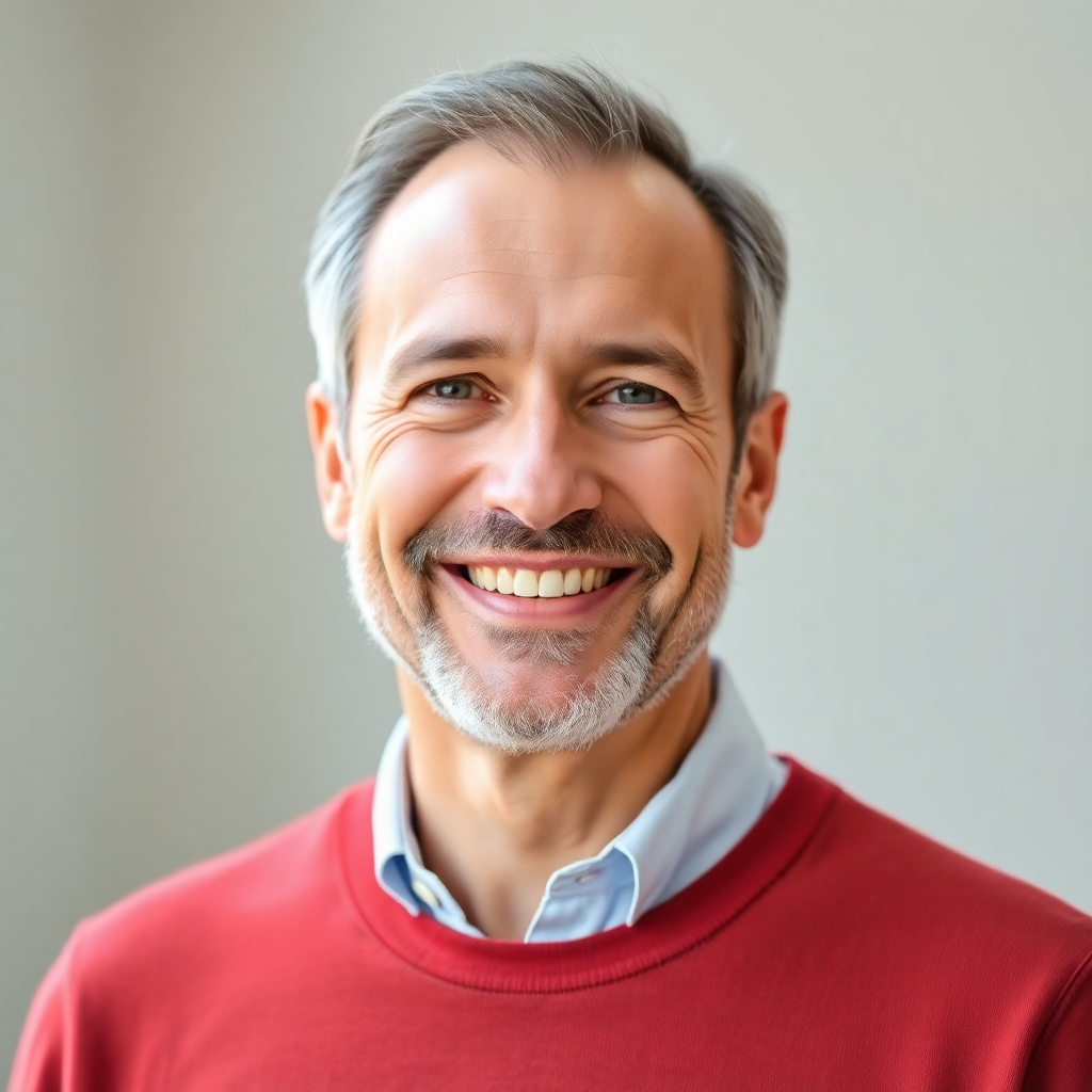 Friendly portrait headshot of a smiling man in his 50s, natural light, professional testimonial phot
