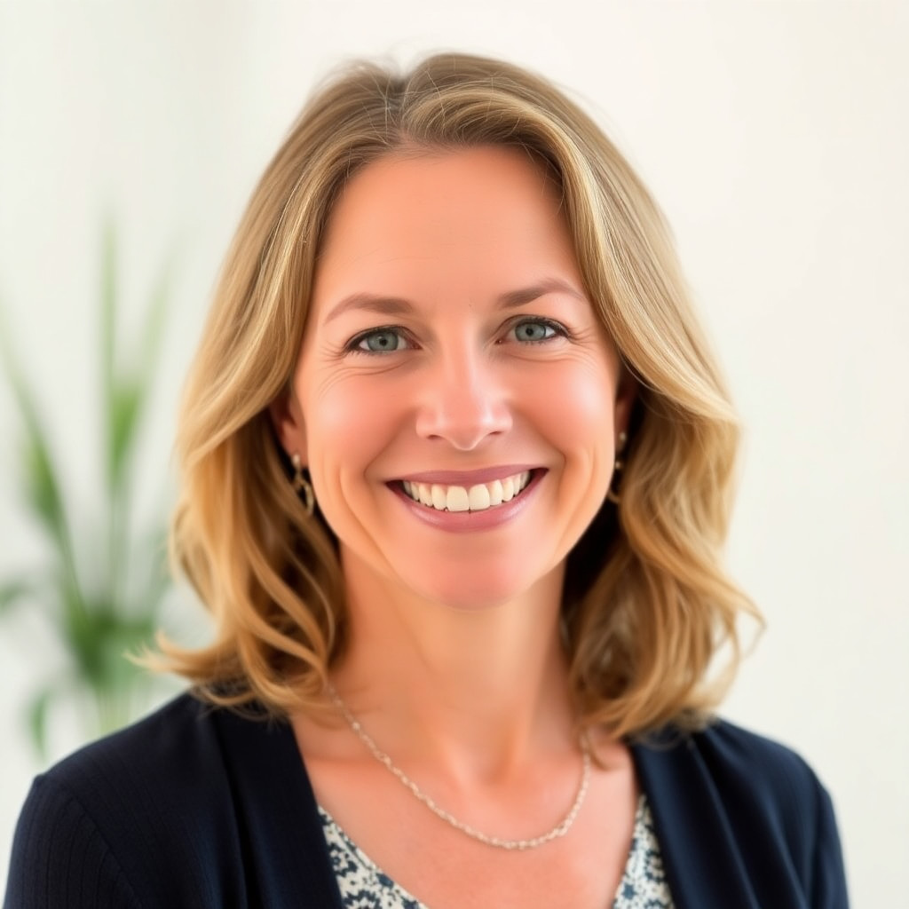 Friendly portrait headshot of a smiling woman in her 40s, natural light, professional testimonial ph