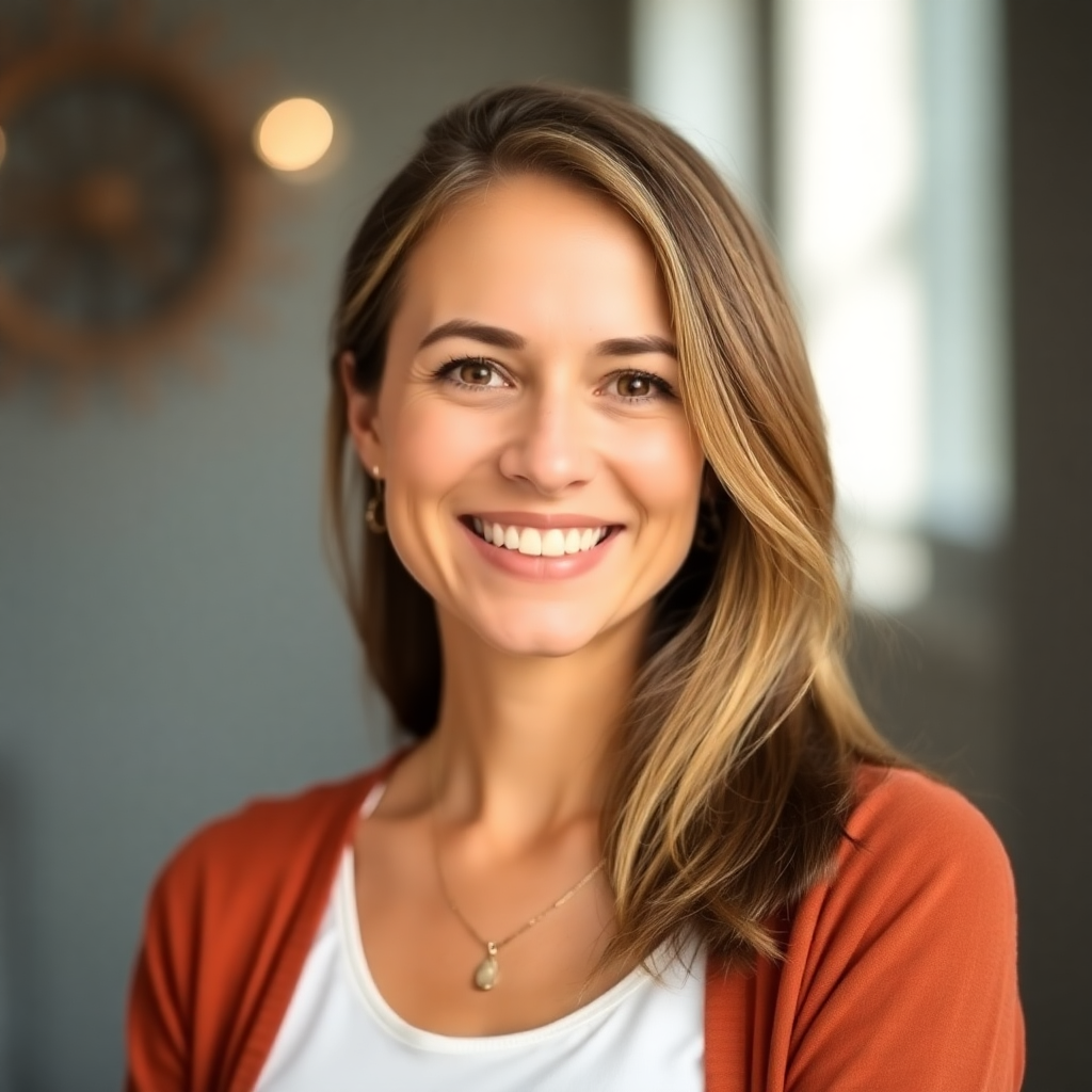 Friendly portrait headshot of a smiling woman in her 30s, natural light, professional testimonial ph