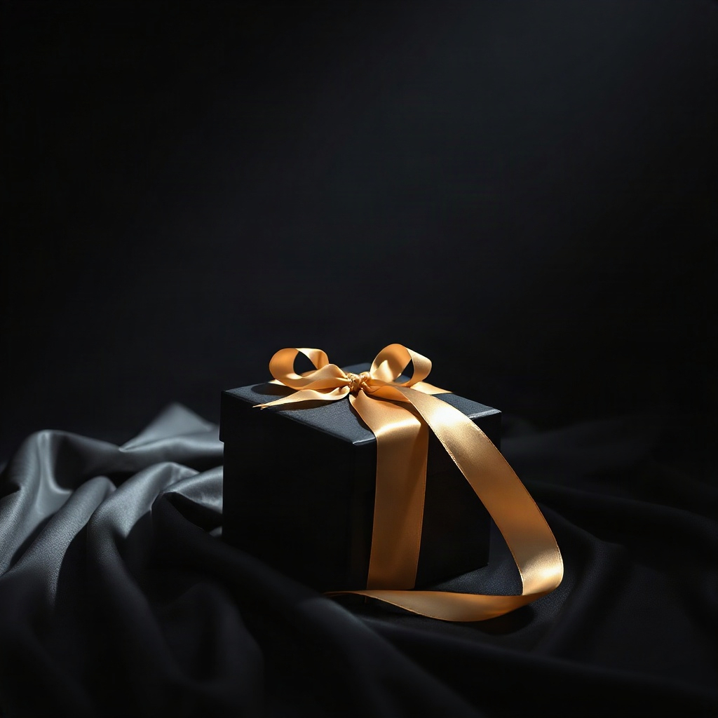 dramatic dark luxury product photography, elegant matte black gift box with champagne gold ribbon on