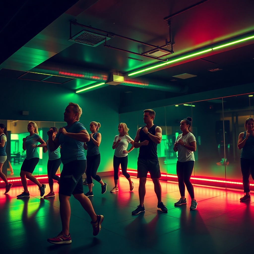 group cardio class in dark modern gym with neon green lighting, people exercising together, high ene