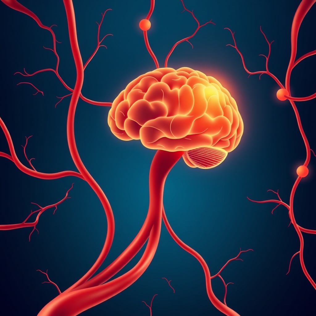 Abstract illustration of blood vessels flowing to a glowing brain, copper and navy palette, clean me