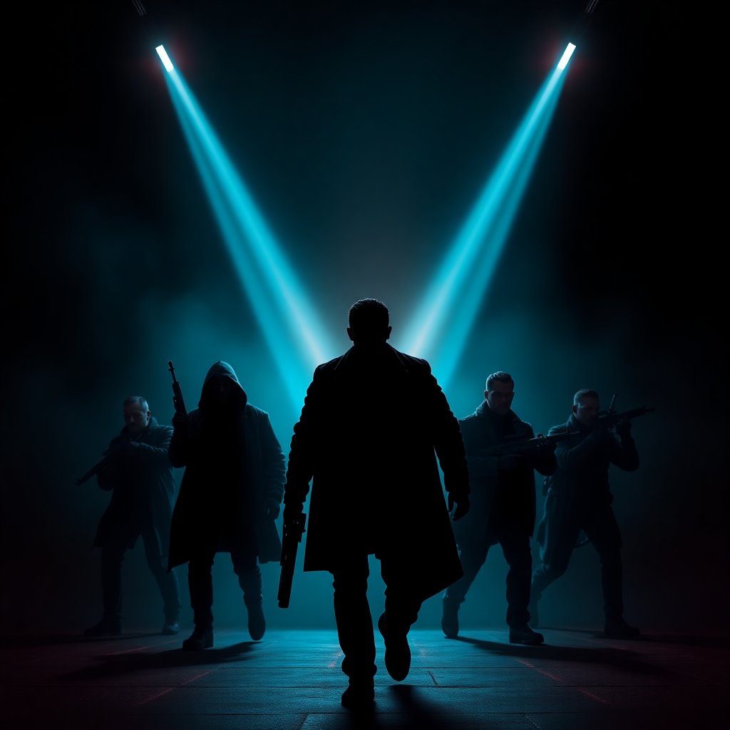 cinematic movie poster action thriller dark dramatic lighting heroes silhouette neon colors, vertica