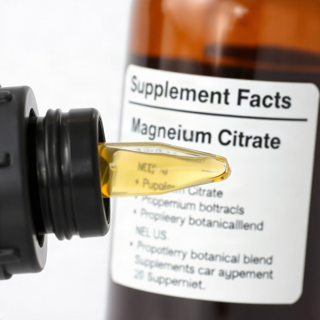 Close-up Supplement Facts label for a liquid drops dietary supplement listing Magnesium Citrate and 